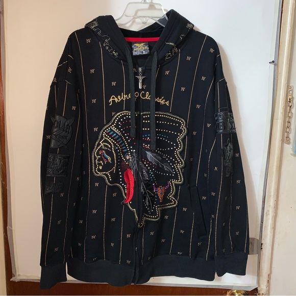 Avirex Classic Hoodie Size L Black Indian Chief Design & Arm Patches Zip Up NY - Picture 2 of 16